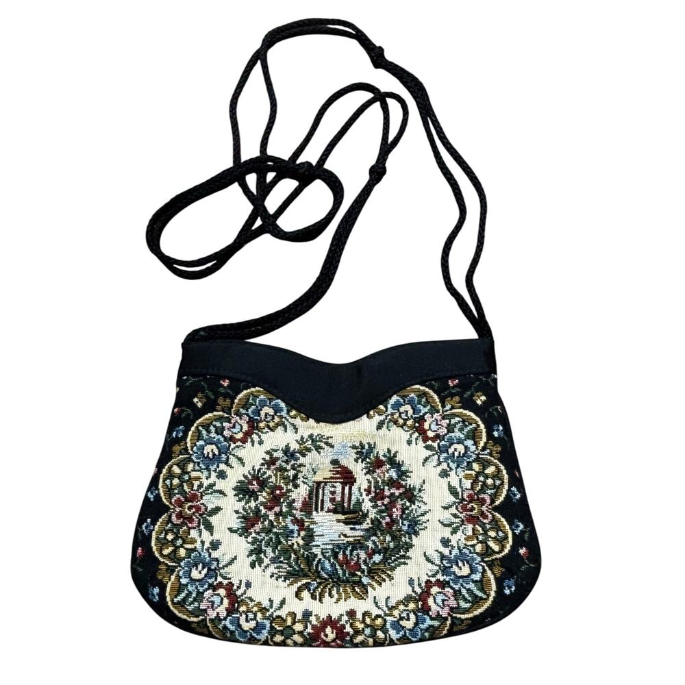 Vintage tapestry evening bag purse vintage 1970’s black & floral petit point